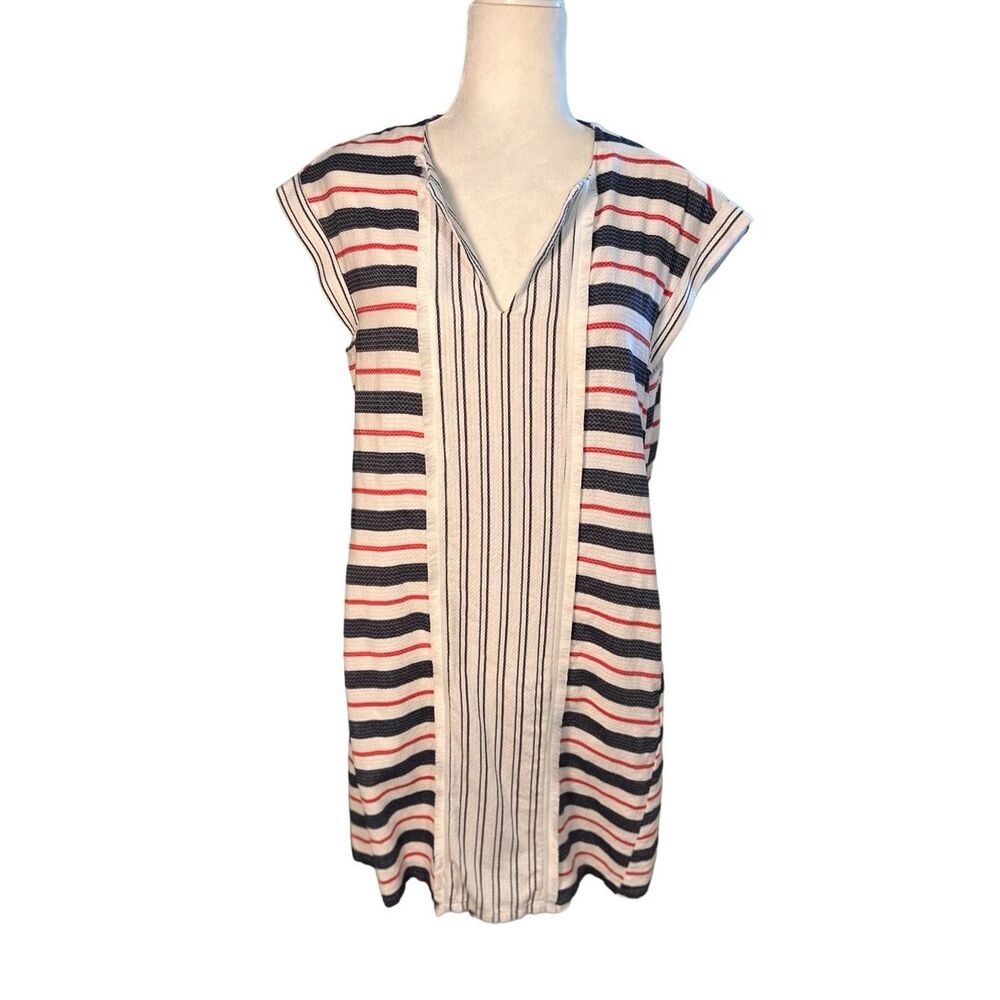 Ultra light red white and blue smock dress with notched neck and cap sleeves - M